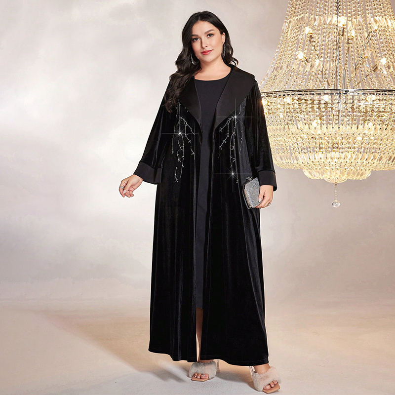 2024 new design rhinestone abaya black wholesale plus rhinestone fringe detail open front velvet abaya