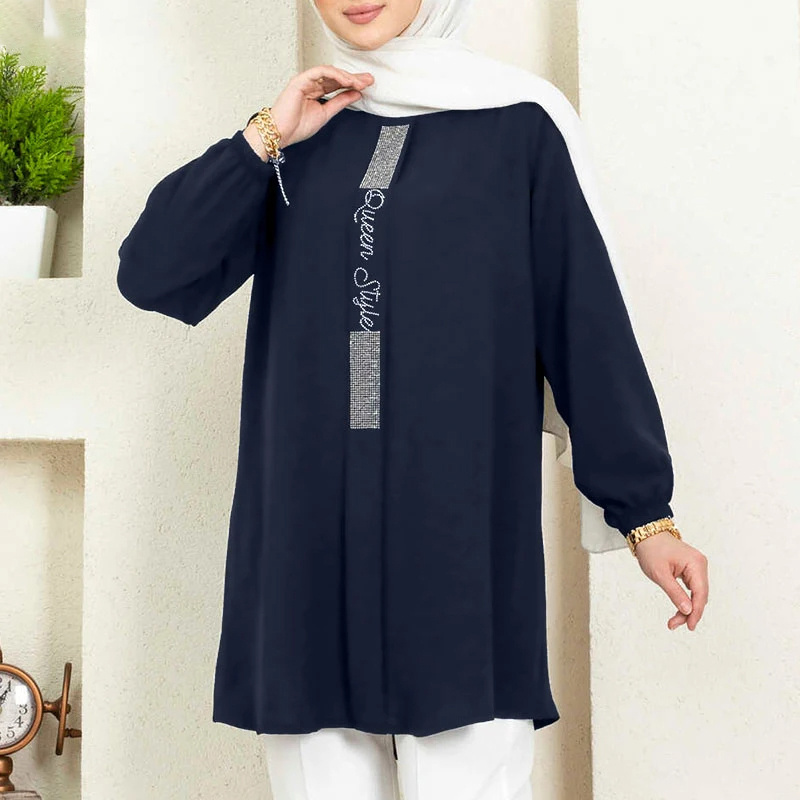 Women Casual Solid Ramadan Dubai Turkish Shirt Islam Clothing Autumn Fashion Sequins Blouse Long Sleeve Muslim Tops