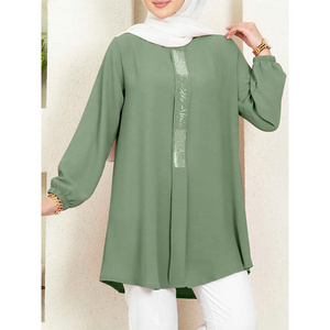 Women Casual Solid Ramadan Dubai Turkish Shirt Islam Clothing Autumn Fashion Sequins Blouse Long Sleeve Muslim Tops