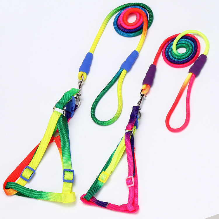 Factory wholesale colorful manufacturers custom adjustable nylon rainbow dog walking harness with leash