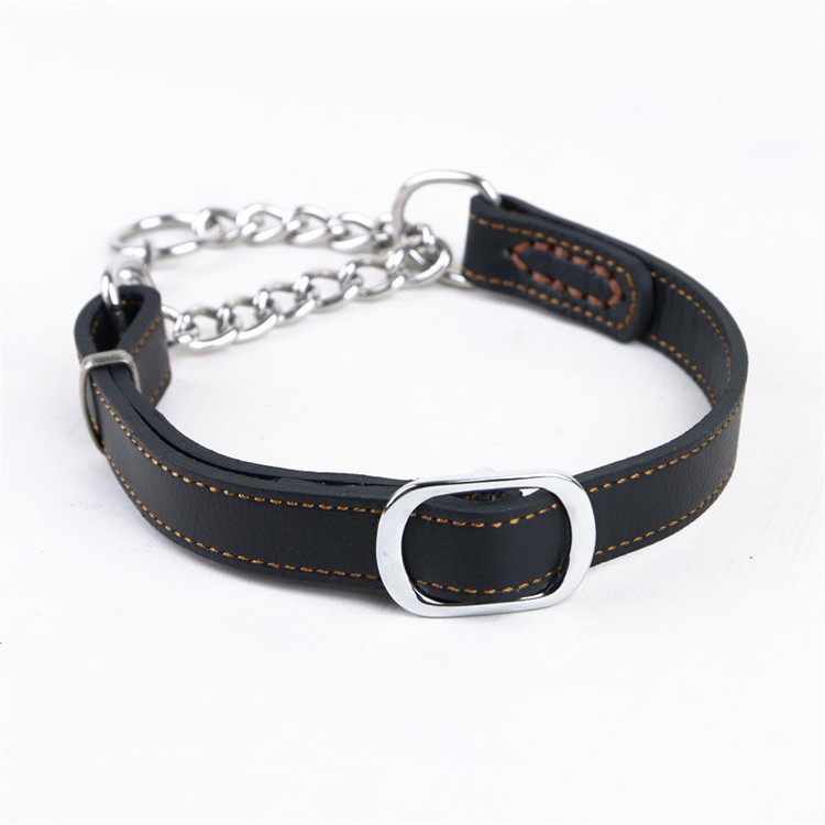 Adjustable Training Martingale Leather Dog Choke Collar With Stainless Steel Choke Chain