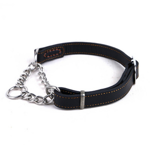 Adjustable Training Martingale Leather Dog Choke Collar With Stainless Steel Choke Chain