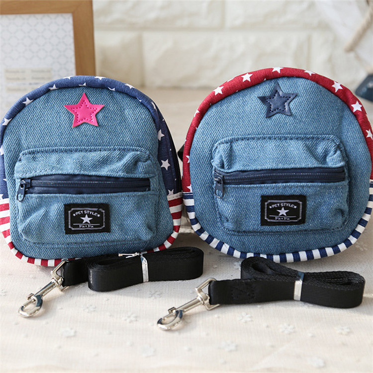 Teddy Denim Backpack Dog Self Carry Bag Harness With Leash For Small Dog