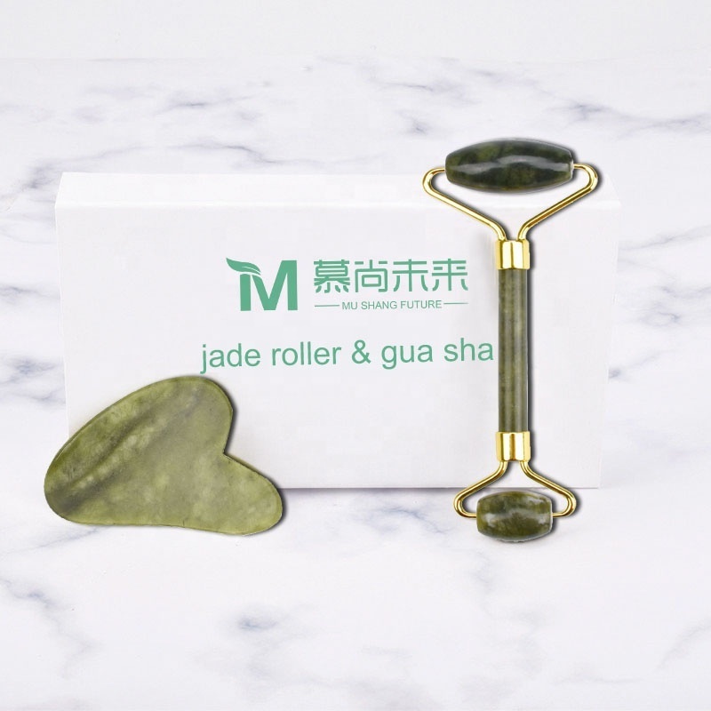 100% Real jade anti aging skin care facial massage tool set with box green xiuyan jade roller and gua sha for face