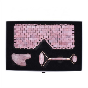 Wholesale Natural Stone Eye Mask Jade Roller and Gua Sha for Facial Massage 3 in 1 Rose Quartz Eye Mask Set