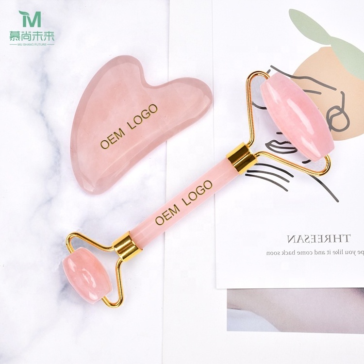 Mushang custom pravite label facial massage tool set rose quartz jade roller and gua sha