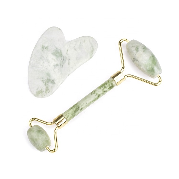 Real Jade Facial Massage Tool Set Natural Stone Roller Heart-shaped Guasha Scraper Milk Jade Roller and Gua Sha Set