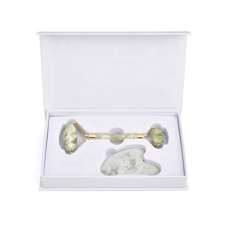 Real Jade Facial Massage Tool Set Natural Stone Roller Heart-shaped Guasha Scraper Milk Jade Roller and Gua Sha Set