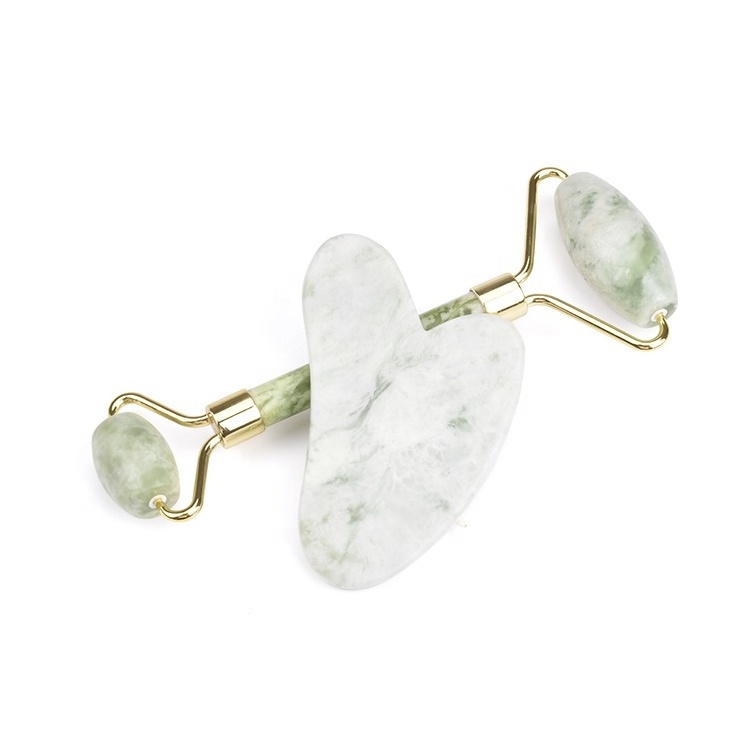 Real Jade Facial Massage Tool Set Natural Stone Roller Heart-shaped Guasha Scraper Milk Jade Roller and Gua Sha Set