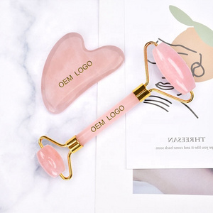 High quality facial massager rose quartz gua sha set pink jade roller with box packing neck roller massage tool customizable