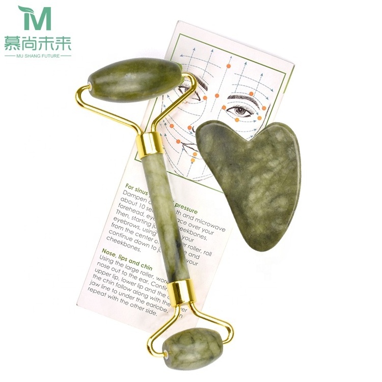 100% Real jade anti aging skin care facial massage tool set with box green xiuyan jade roller and gua sha for face