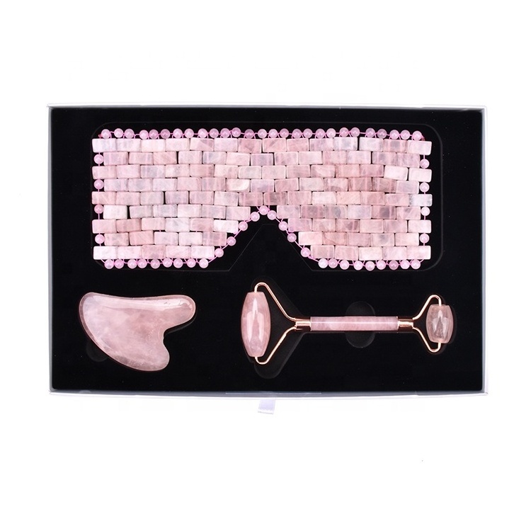 Wholesale Natural Stone Eye Mask Jade Roller and Gua Sha for Facial Massage 3 in 1 Rose Quartz Eye Mask Set