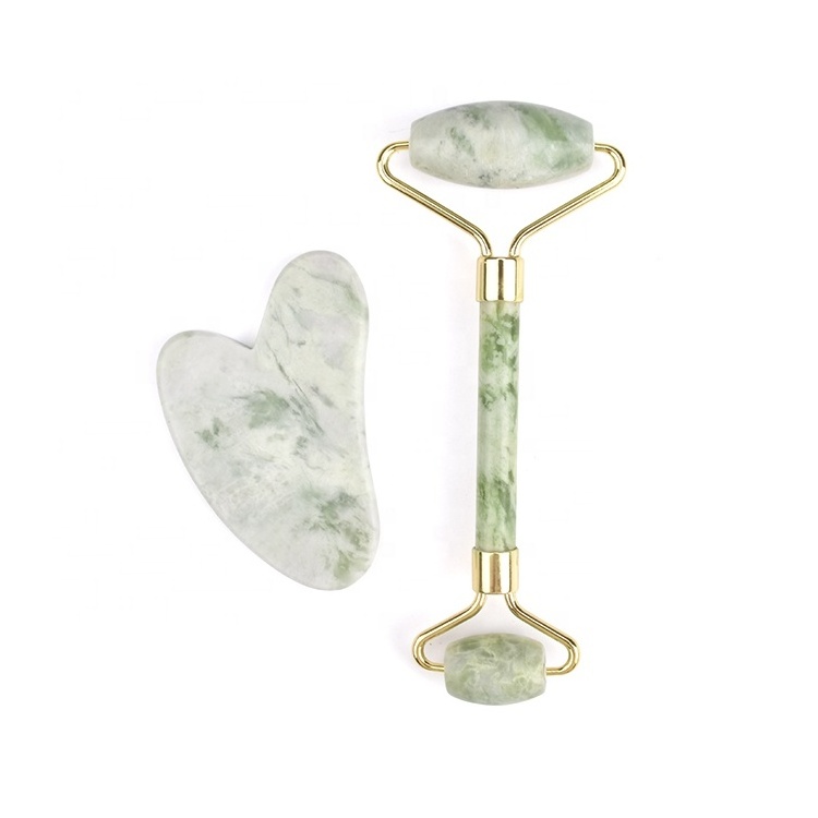 Real Jade Facial Massage Tool Set Natural Stone Roller Heart-shaped Guasha Scraper Milk Jade Roller and Gua Sha Set