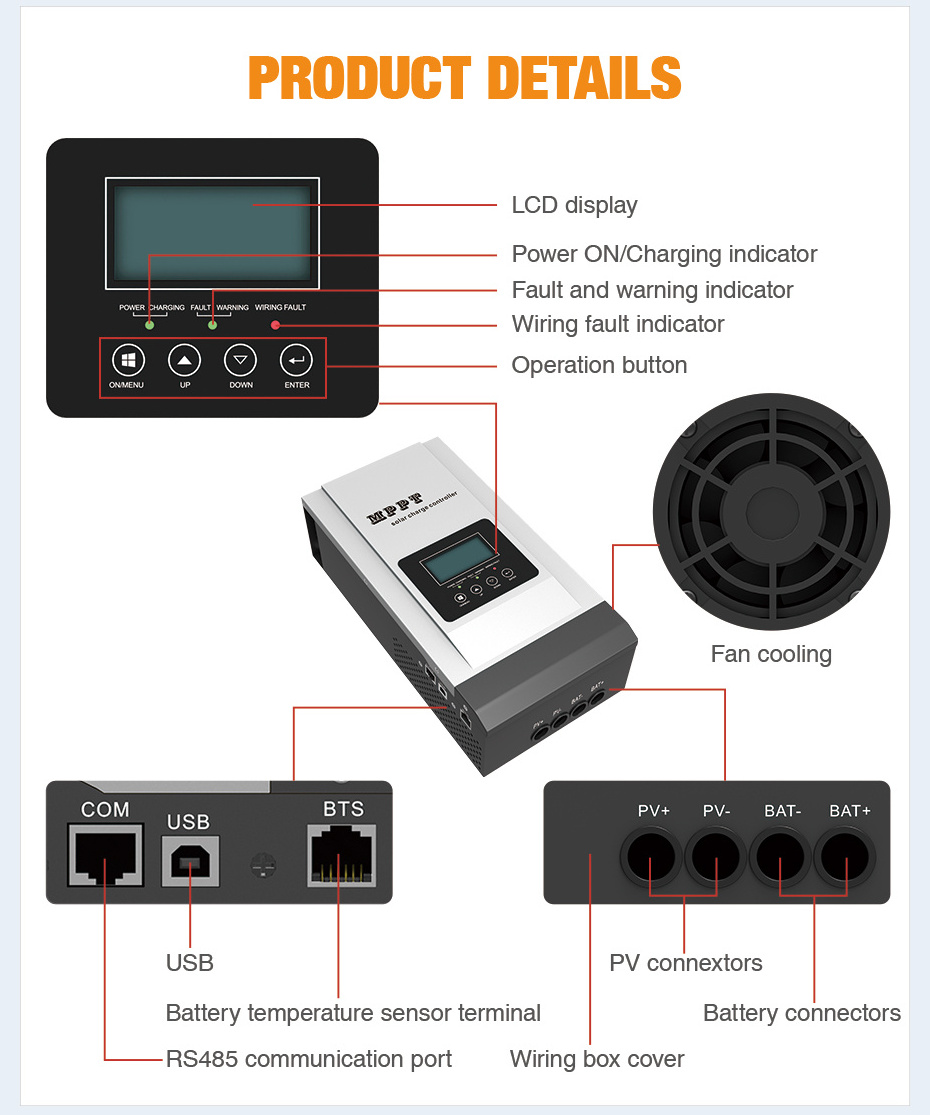 MUST Must In stock 60a 80a 100a mppt solar charge controller 12V 24V 48V hybrid solar inverter with mppt charge controller