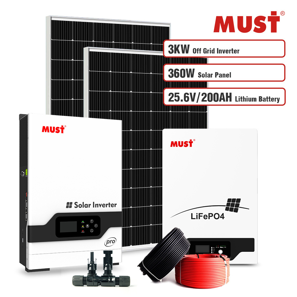 MUST solar Kit 24V solar inverter Hybrid 3KW with lifepo4 200ah Battery power wall 24v for home solar power system