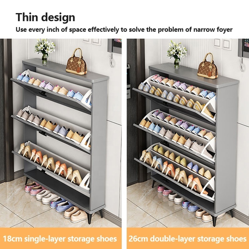 Luxury Modern Freestanding Gray Shoe Cabinet Storage Furniture Wood Ultra Thin Space Saving Tipping Bucket MDF Shoe Cabinet