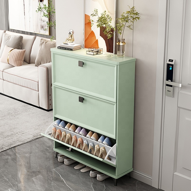 Luxury Modern Freestanding Gray Shoe Cabinet Storage Furniture Wood Ultra Thin Space Saving Tipping Bucket MDF Shoe Cabinet