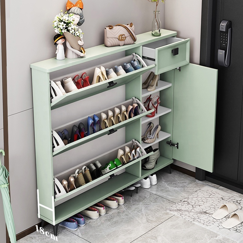 Cheap Wholesale Modern Ultra Thin flip Shoe Cabinet Home Entrance Wooden Entryway Slim Shoe Rack Tipping Bucket Cabinet