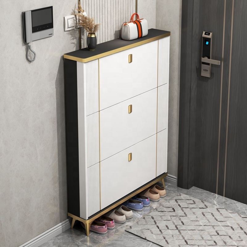 Hot Sale Space saving wooden luxury clamshell door ultra-thin shoe cabinet living room furniture three-layer cabinet locker