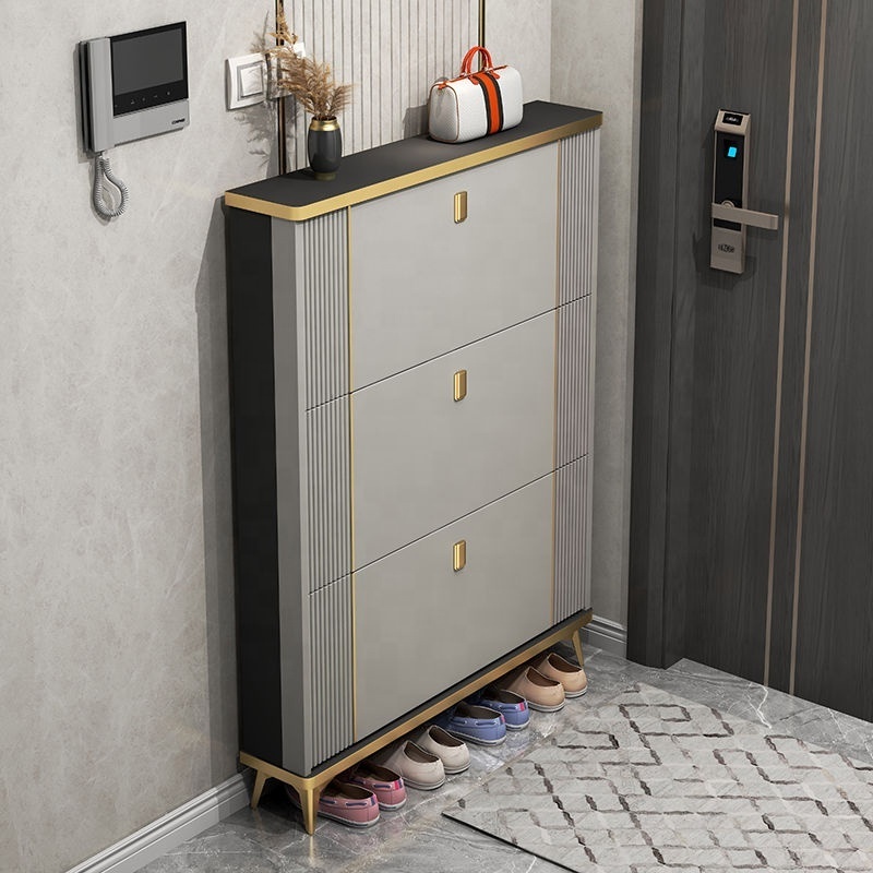 Hot Sale Space saving wooden luxury clamshell door ultra-thin shoe cabinet living room furniture three-layer cabinet locker