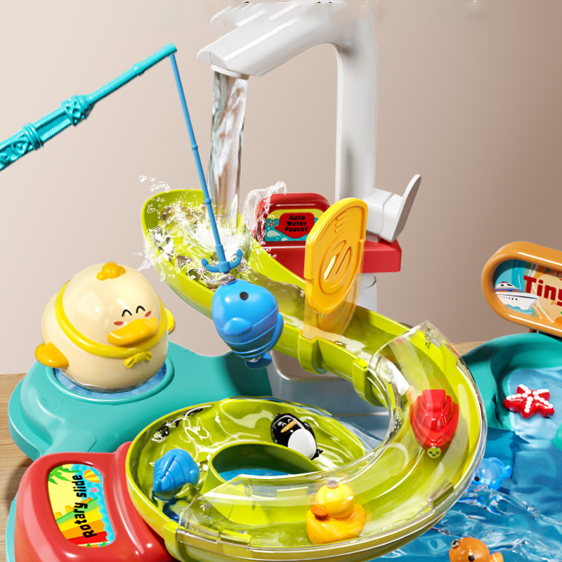 Electric Play Sink with Running Water, Kids Kitchen Sink & Fishing Play Set with Faucet, Play Sink Dishwasher Toy for Toddler