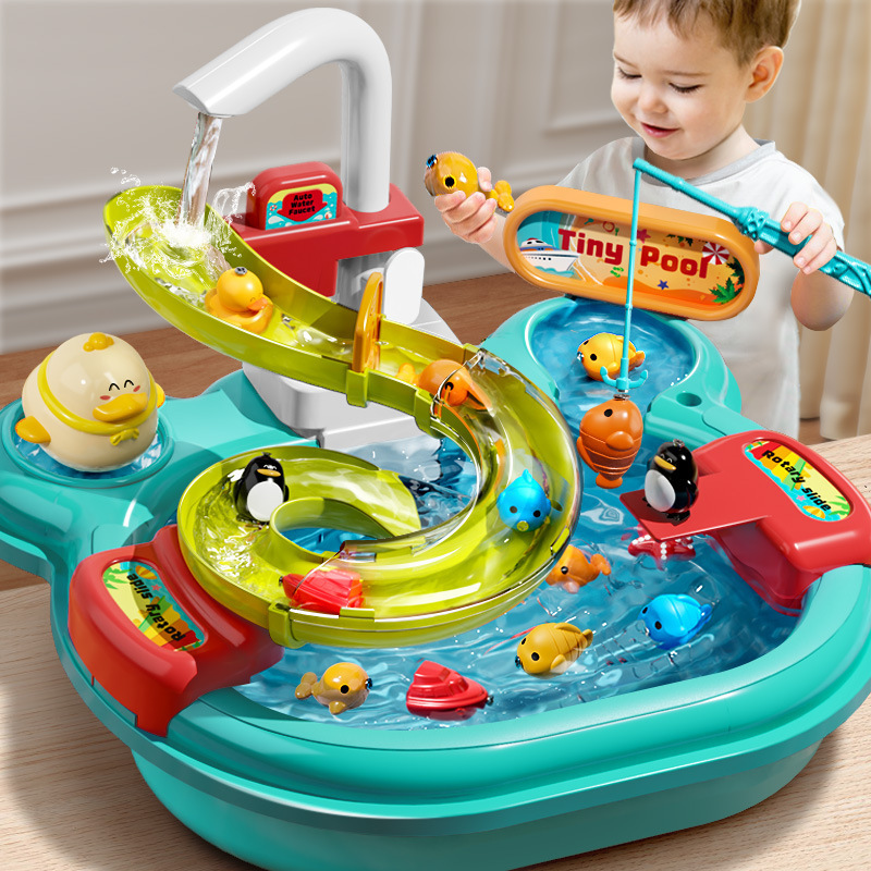 Electric Play Sink with Running Water, Kids Kitchen Sink & Fishing Play Set with Faucet, Play Sink Dishwasher Toy for Toddler