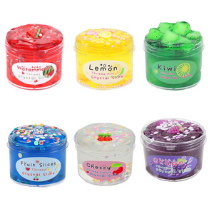 6 pack DIY Non-toxic Soft Transparent Clay Play Dough With Charms Butter  Fluffy Clear Fruit Butter Slime Crystal Mud set