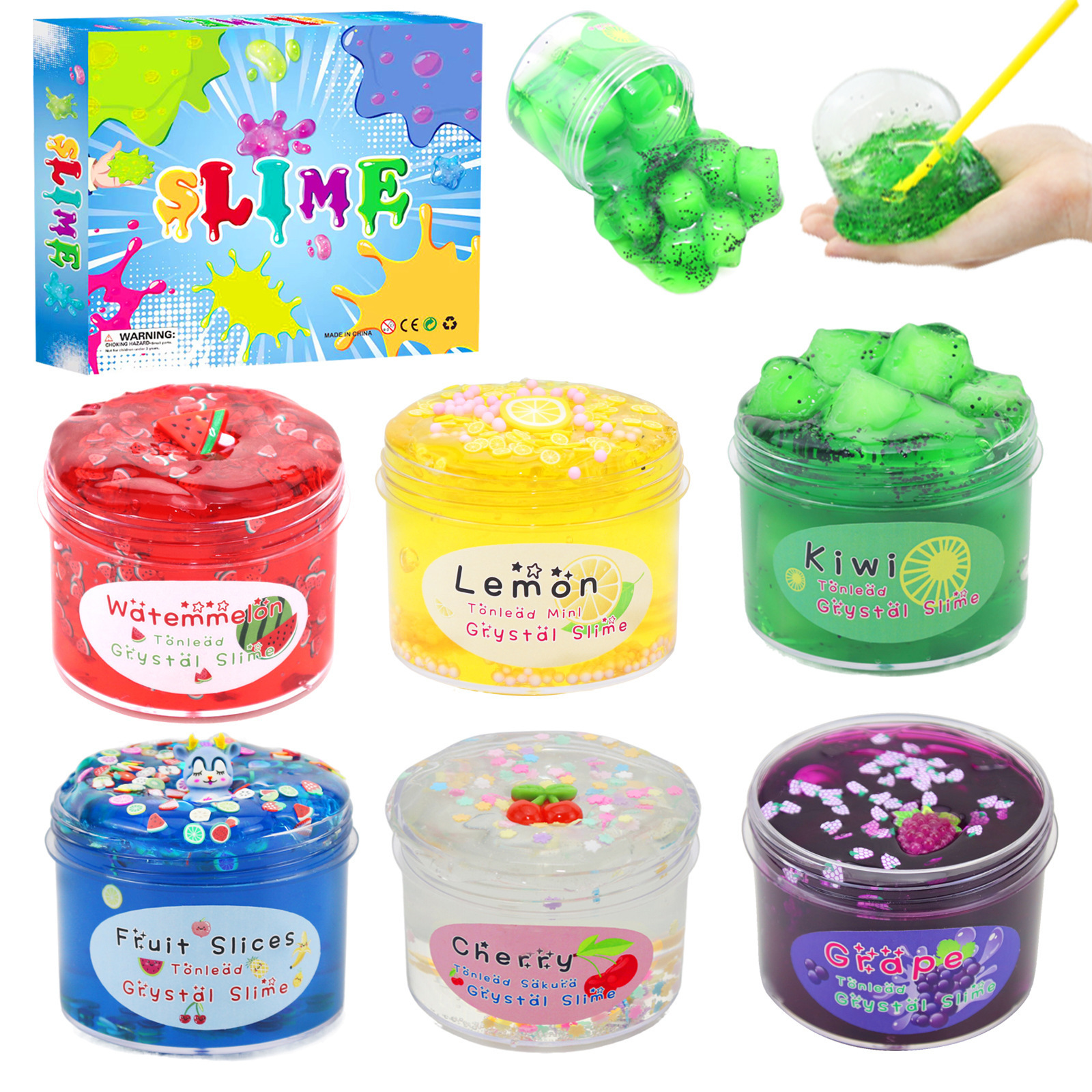 6 pack DIY Non-toxic Soft Transparent Clay Play Dough With Charms Butter  Fluffy Clear Fruit Butter Slime Crystal Mud set