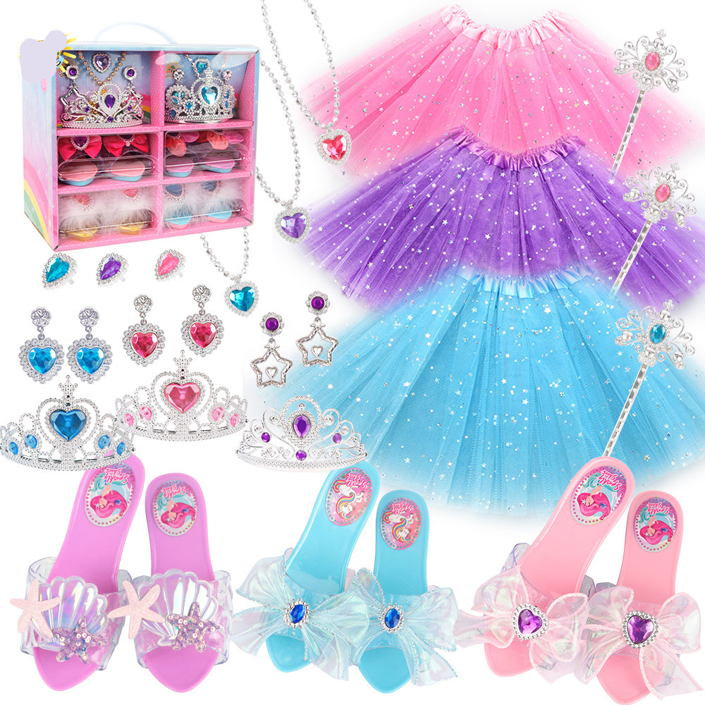 Children's little angel show dress up pretty skirt Angel stick Princess crystal shoes Crown Princess jewelry set toy