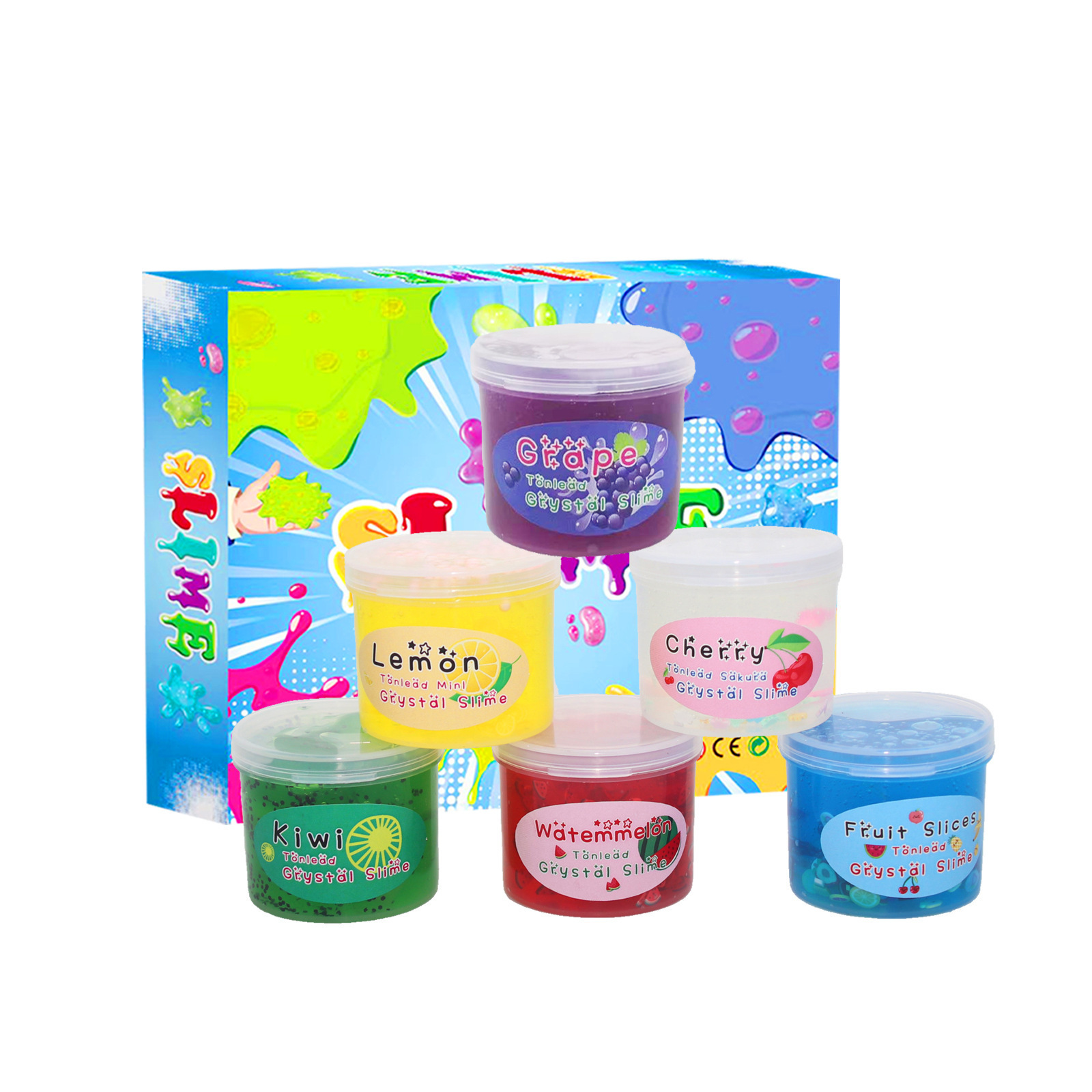 6 pack DIY Non-toxic Soft Transparent Clay Play Dough With Charms Butter  Fluffy Clear Fruit Butter Slime Crystal Mud set