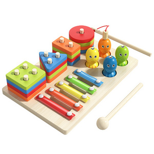 Montessori Toy  3 in 1 Wooden Sorting Stacking Blocks with Fishing Sensory Educational Toys for Toddlers Stacking Toys