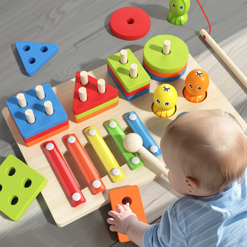 Montessori Toy  3 in 1 Wooden Sorting Stacking Blocks with Fishing Sensory Educational Toys for Toddlers Stacking Toys