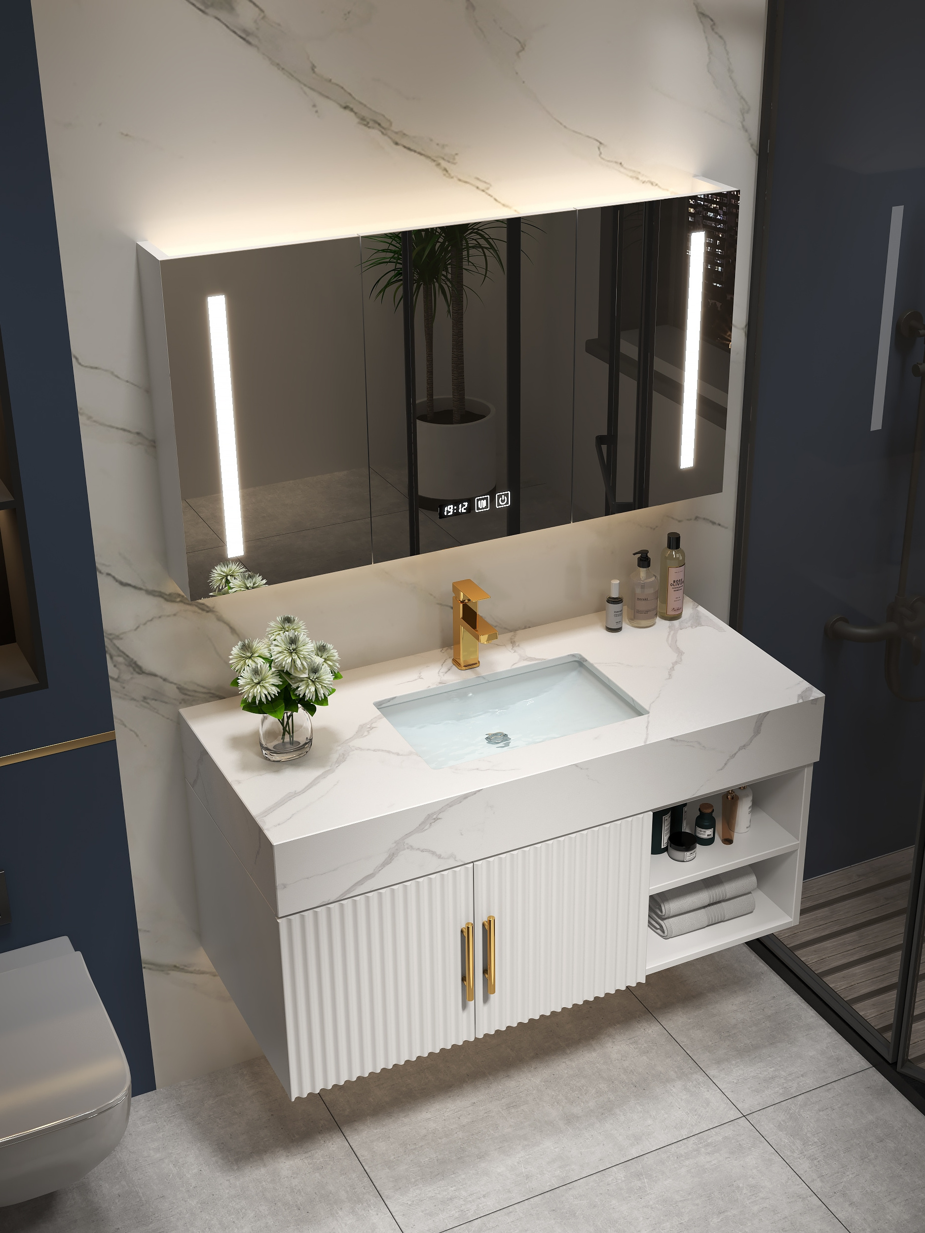 2021 Hot Sale solid  wood bathroom Cabinet Bathroom Vanity With LED Mirror And Ceramic Basin Whole sales vanity basin cabinet