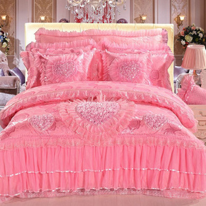 American style Quilted Embroid Lace nature Pink Red Purple Wedding Bedding Sets