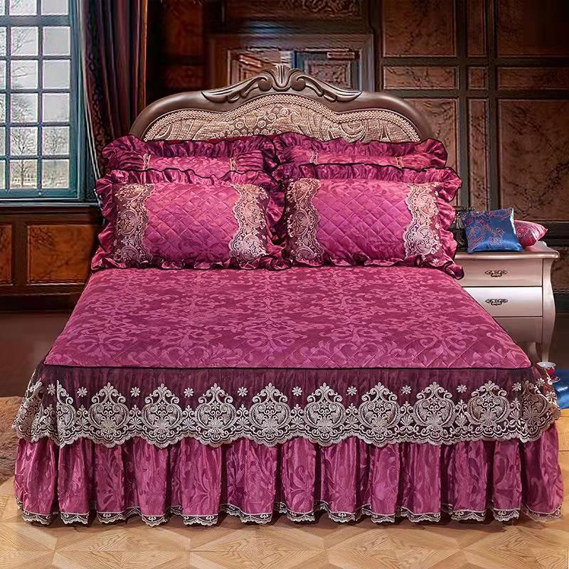 Sunwin Textile Wholesale Lace Crystal Velvet Bed Skirt Bed Cover Bedspread Bedding Set