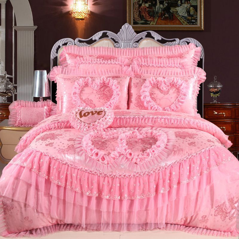 American style Quilted Embroid Lace nature Pink Red Purple Wedding Bedding Sets