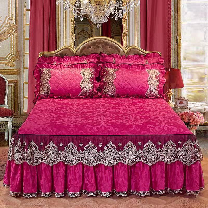 Sunwin Textile Wholesale Lace Crystal Velvet Bed Skirt Bed Cover Bedspread Bedding Set