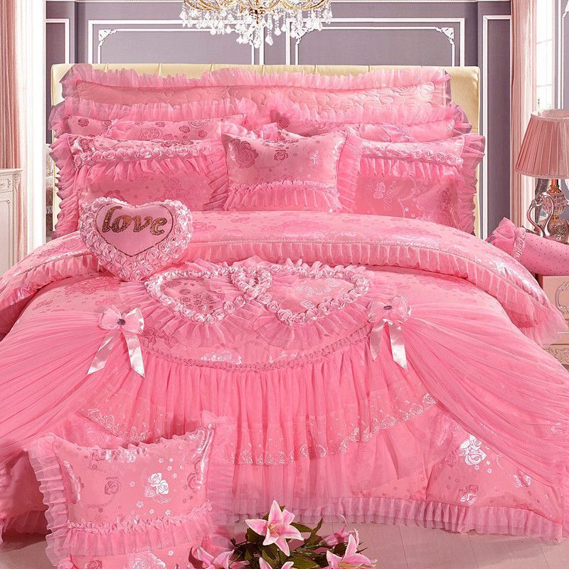 American style Quilted Embroid Lace nature Pink Red Purple Wedding Bedding Sets