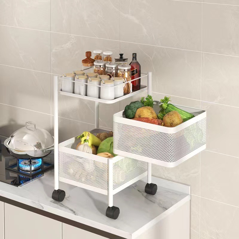 360 Rotating Storage Baskets Rack Metal Basket Kitchen Organizer Storage Shelf Cube Fruit Vegetable Organizer Trolley Cart