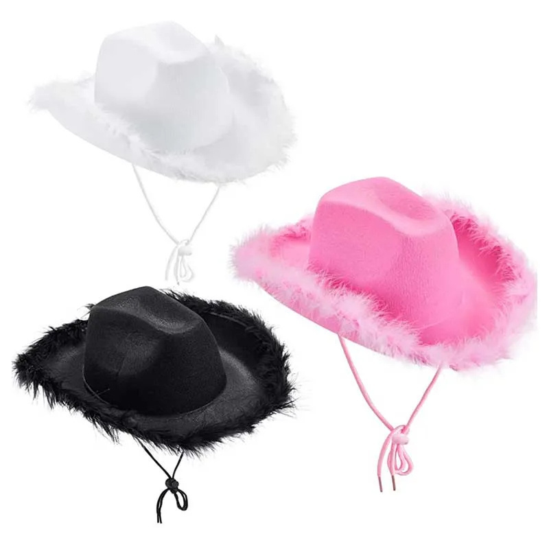 New Pink Western Style Cowgirl Hats For Women Girl Rolled Wedding Fedora Cap Feather Edge Cowboy Hat