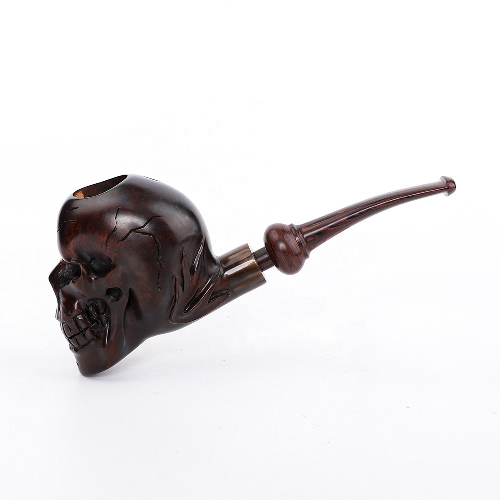 MUXIANG Handmade Wooden Tobacco Pipe Skull-Shape Engraved Smoking Pipe With Cumberland Stem