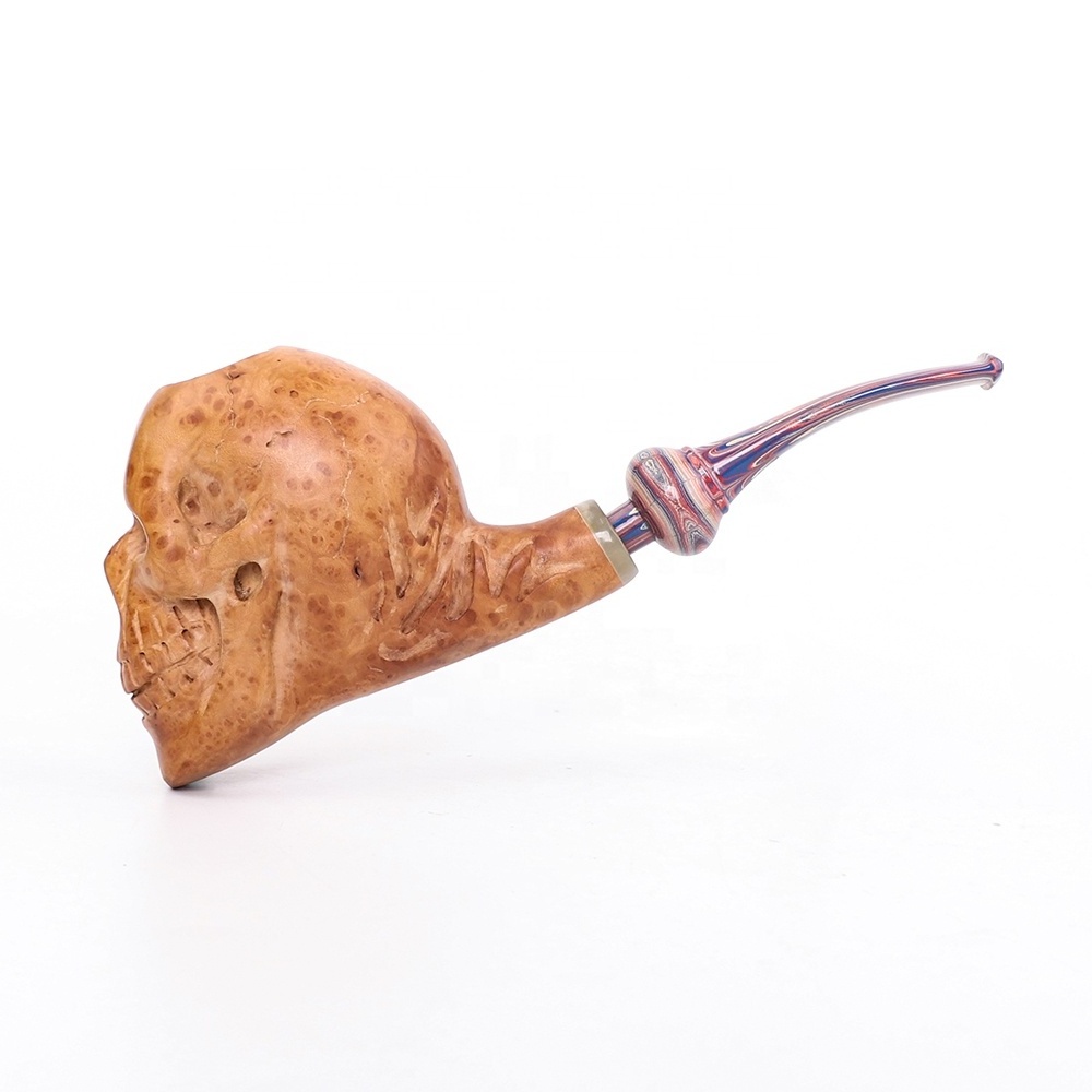 MUXIANG Handmade Wooden Tobacco Pipe Skull-Shape Engraved Smoking Pipe With Cumberland Stem