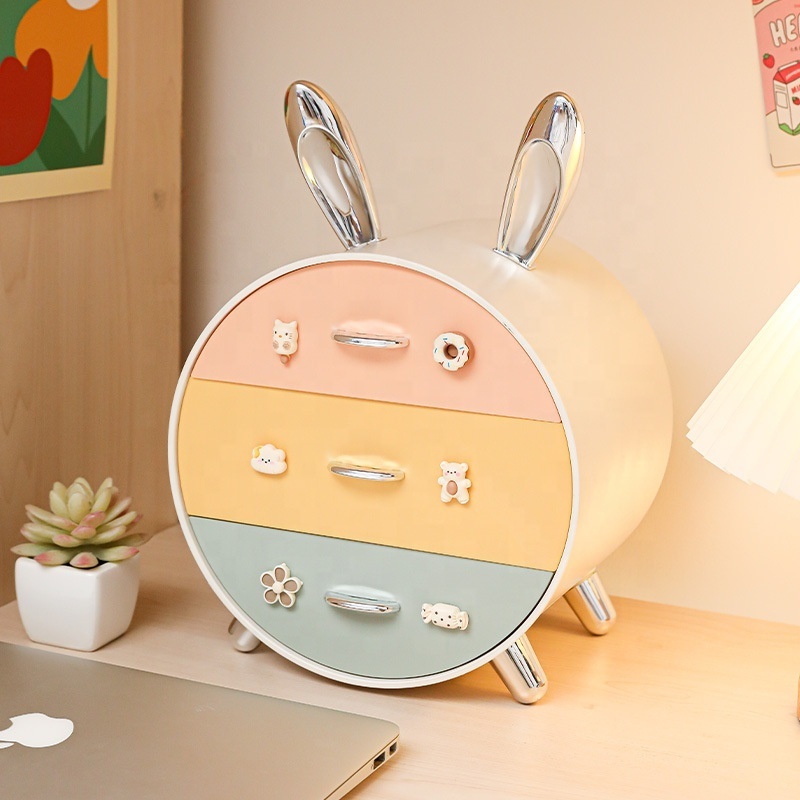 Multi-layer Drawer Desktop Stationery Storage Case Cute Decor Cosmetic Shelf Rack Desk Rabbit Ear Shape Vanity Makeup Box