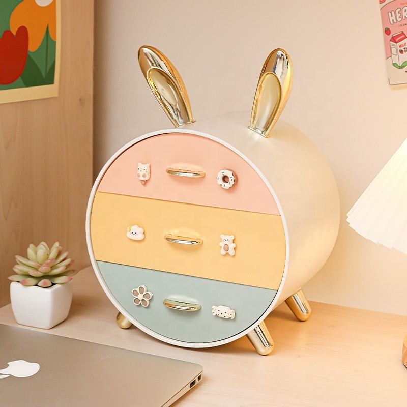 Multi-layer Drawer Desktop Stationery Storage Case Cute Decor Cosmetic Shelf Rack Desk Rabbit Ear Shape Vanity Makeup Box