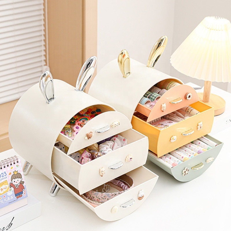 Multi-layer Drawer Desktop Stationery Storage Case Cute Decor Cosmetic Shelf Rack Desk Rabbit Ear Shape Vanity Makeup Box