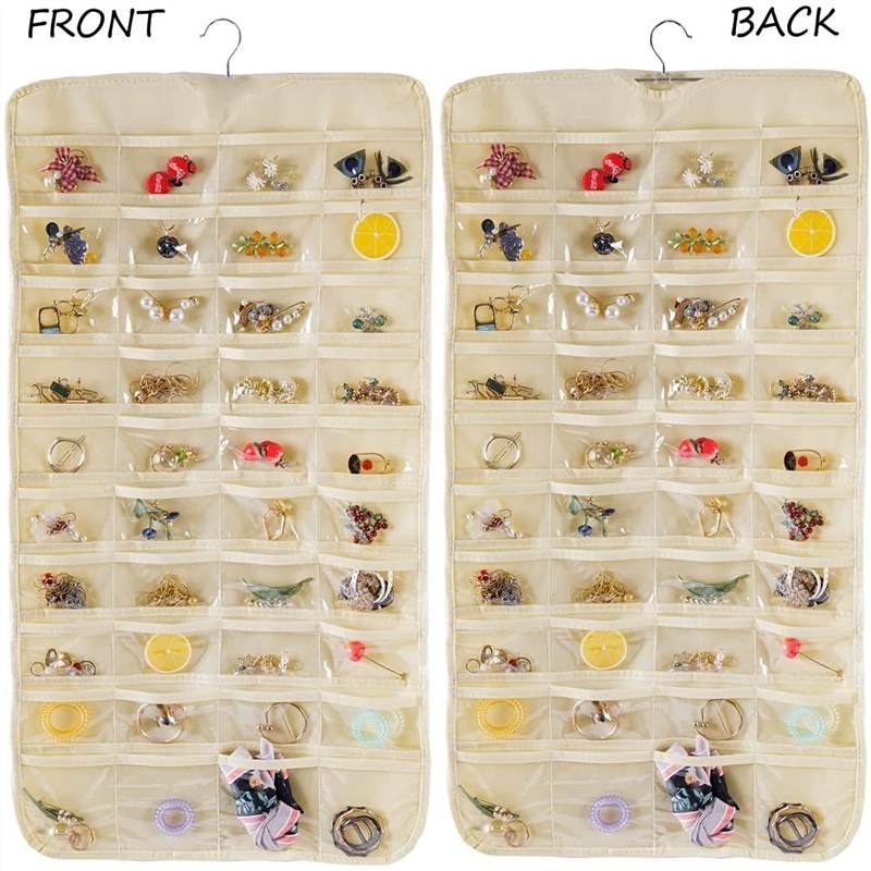 Hanging display Organizer with 80 pockets Collapsible earring necklace bracelet ring boxes Double-sided jewelry storage bags