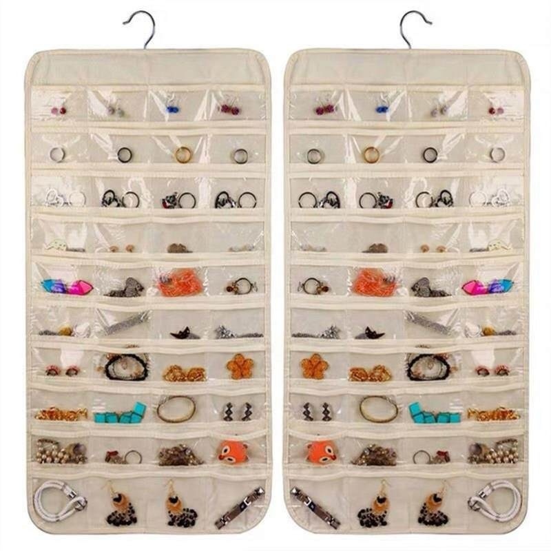 Hanging display Organizer with 80 pockets Collapsible earring necklace bracelet ring boxes Double-sided jewelry storage bags