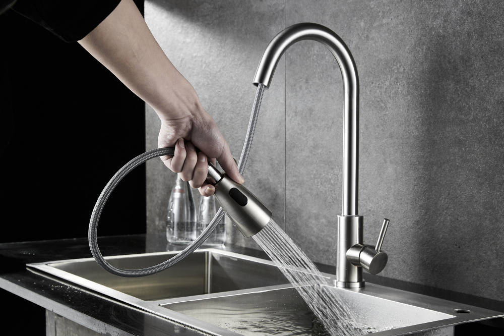 Hot and Cold Water Flexible Hose for Kitchen Faucet Brushed Sink Tap 304 Stainless Steel with Pull Out Spout