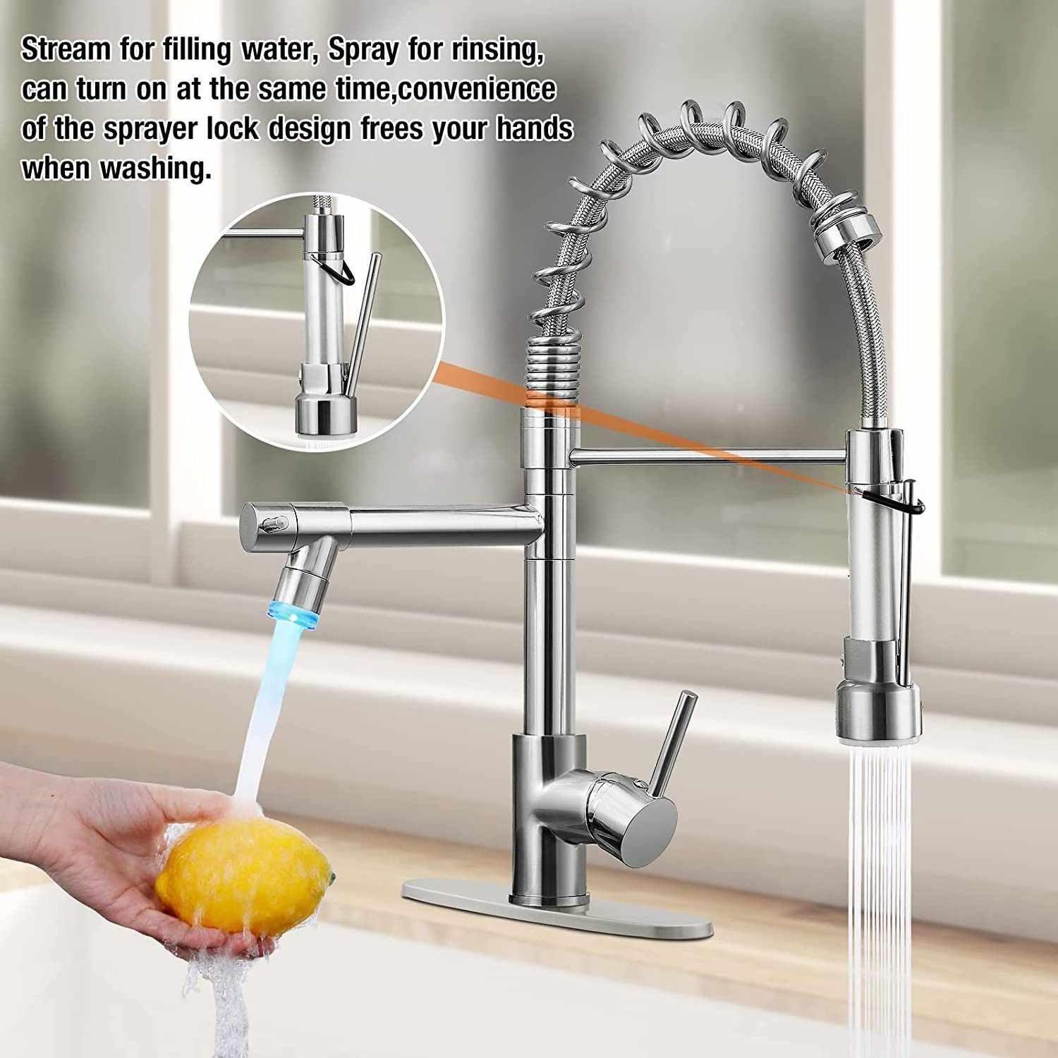 Kitchen Faucet with Single Handle Pull Down LED Light Sprayer, Brush Nickel Stainless steel Spring Kitchen Sink Faucet