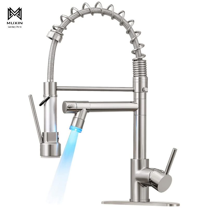 Kitchen Faucet with Single Handle Pull Down LED Light Sprayer, Brush Nickel Stainless steel Spring Kitchen Sink Faucet